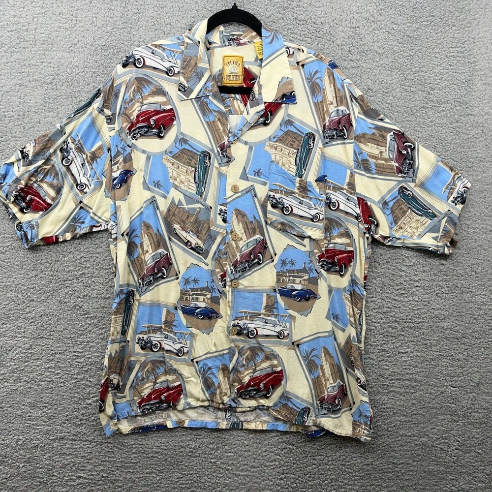 Island Collection Mens Button Down Shirt Short Sleeve Cars Hawaiian Vtg Size XL